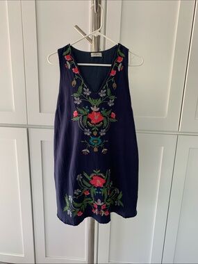 Umgee Navy Sleeveless Mini Dress with Multicolor Floral Embroidery, Size L.